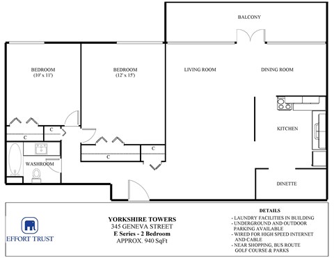 Floor plan for 2 beds, 1 bath, 951 sqft